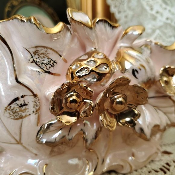 Vintage MCM Betson Pottery Hand Painted Planter & Taper Candle Holders Pink/Gold - Picture 3 of 16